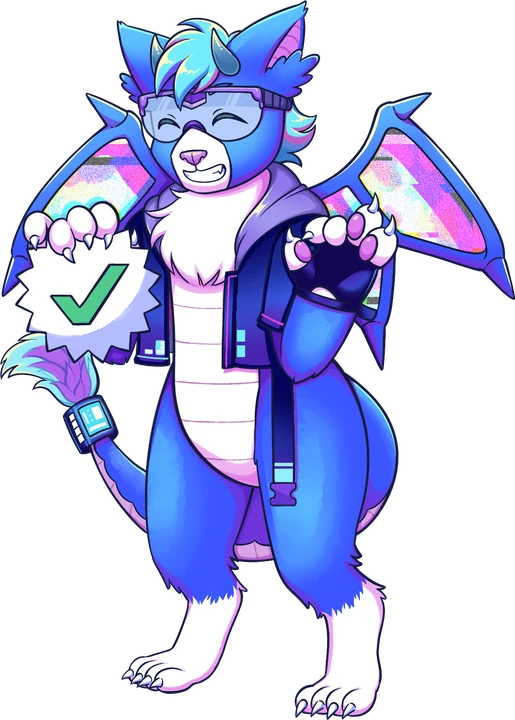 Friendly FBP account dragon holding a check mark